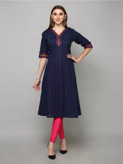 Navy Blue Handloom Cotton Stripped Printed Kurta