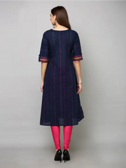 Navy Blue Handloom Cotton Stripped Printed Kurta