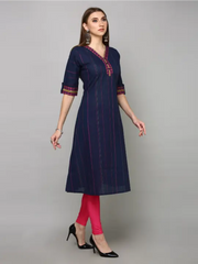 Navy Blue Handloom Cotton Stripped Printed Kurta