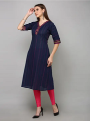 Navy Blue Handloom Cotton Stripped Printed Kurta