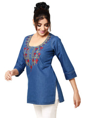 Blue Denim Embroidered Kurti