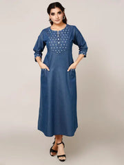 Blue Denim Embroidered Dress