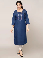 Blue Denim Embroidered Kurta