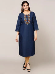 Blue Denim Embroidered Kurta