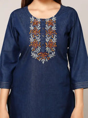 Blue Denim Embroidered Kurta