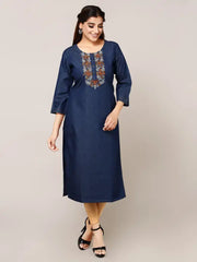 Blue Denim Embroidered Kurta