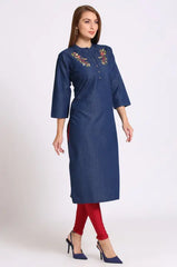 Blue Denim Embroidered Kurta