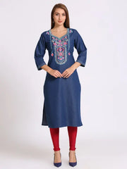 Blue Denim Embroidered Kurta