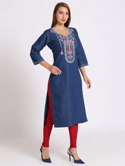 Blue Denim Embroidered Kurta
