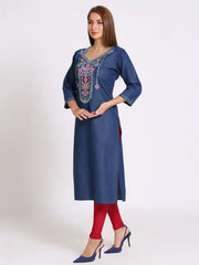 Blue Denim Embroidered Kurta