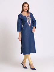 Blue Denim Embroidered Kurta