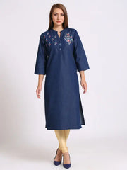 Blue Denim Embroidered Kurta
