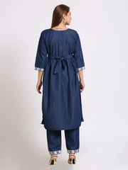 Blue Denim Embroidered Kurta Bottom Set