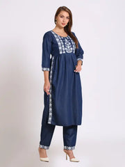 Blue Denim Embroidered Kurta Bottom Set