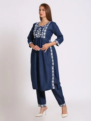 Blue Denim Embroidered Kurta Bottom Set