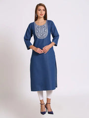 Blue Denim Embroidered Kurta
