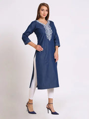 Blue Denim Embroidered Kurta