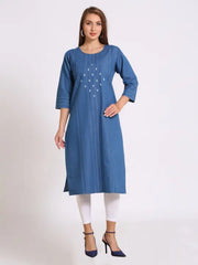 Blue Denim Embroidered Kurta