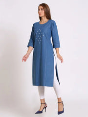 Blue Denim Embroidered Kurta