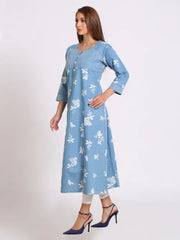 Light Blue Denim Printed Kurta