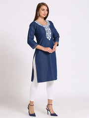 Blue Denim Embroidered Kurta