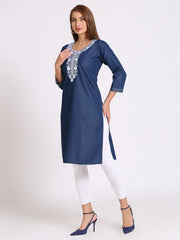 Blue Denim Embroidered Kurta