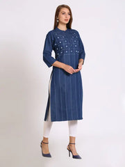 Blue Denim Embroidered Kurta