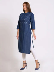 Blue Denim Embroidered Kurta