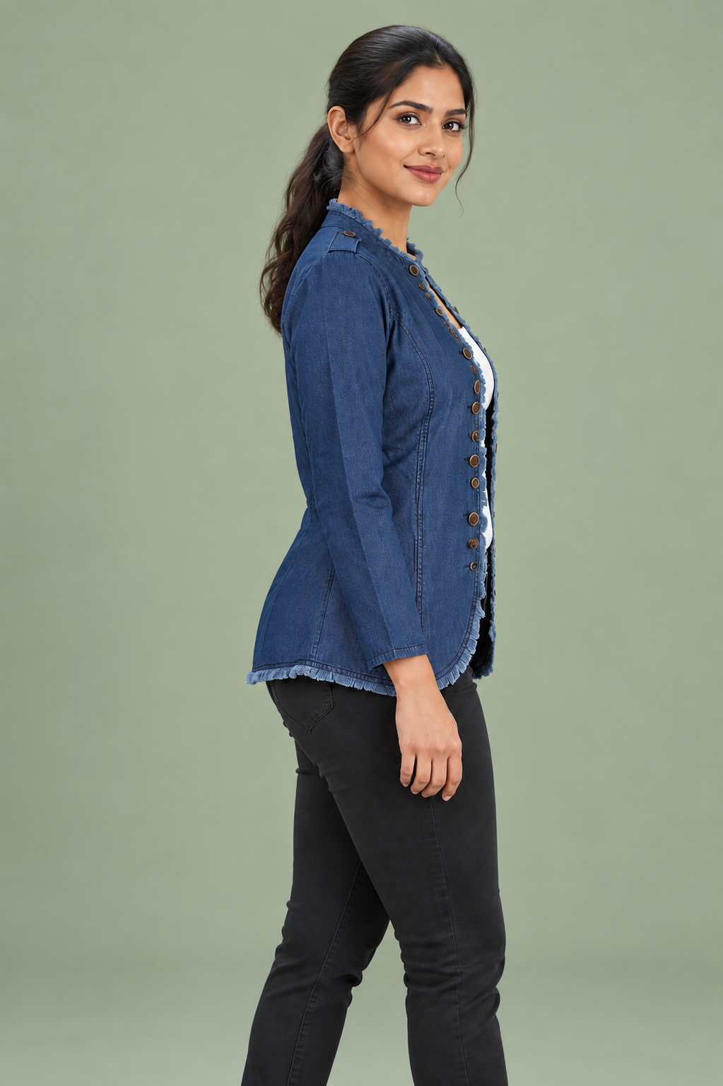 Denim Soft Cotton Frayed Edge Shrug Jacket - Havva Fashion - Image 4
