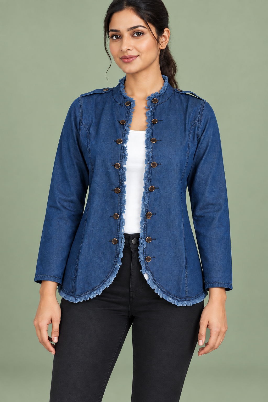 Denim Soft Cotton Frayed Edge Shrug Jacket - Havva Fashion - Image 5