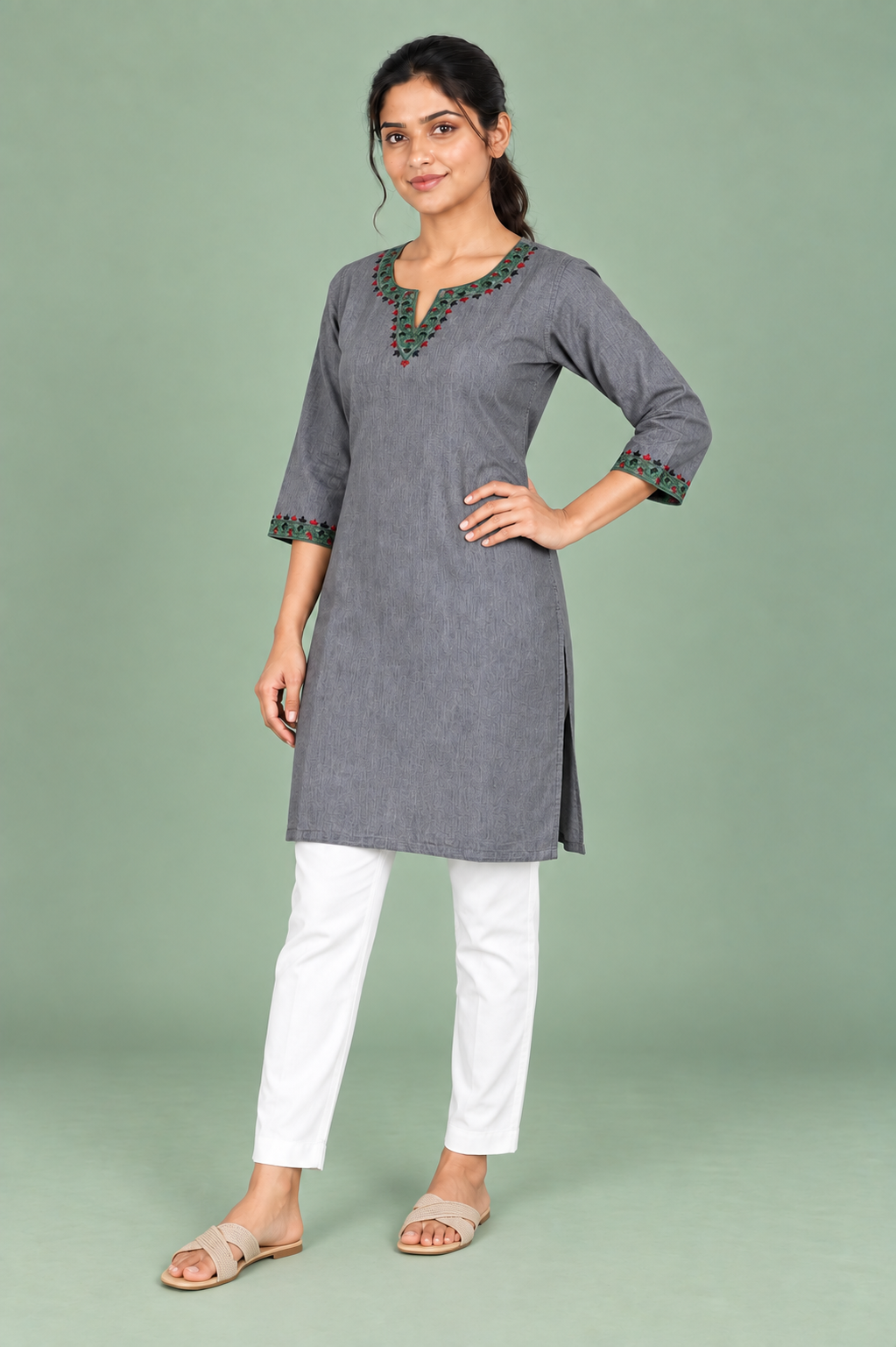Grey Denim Multi Green Embroidered Split Round Neck Knee Length Kurti - Havva Fashion - Image 3