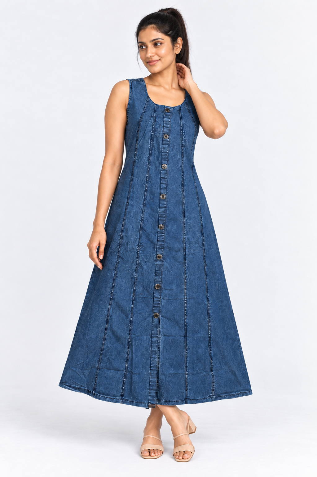 Denim Sleeveless Button Down Kali Midi Dress with Front Slit - Havva Fashion - Image 5