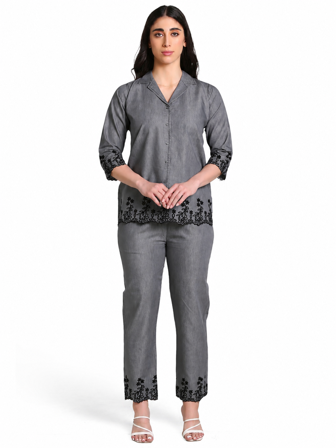 Grey Denim Black Cutwork Embroidered Co-ord Set - Havva Fashion - Image 1