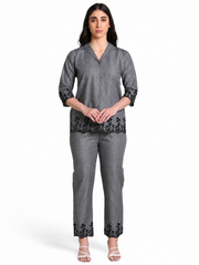 Grey Denim Black Cutwork Embroidered Co-ord Set - Havva Fashion - Image 1
