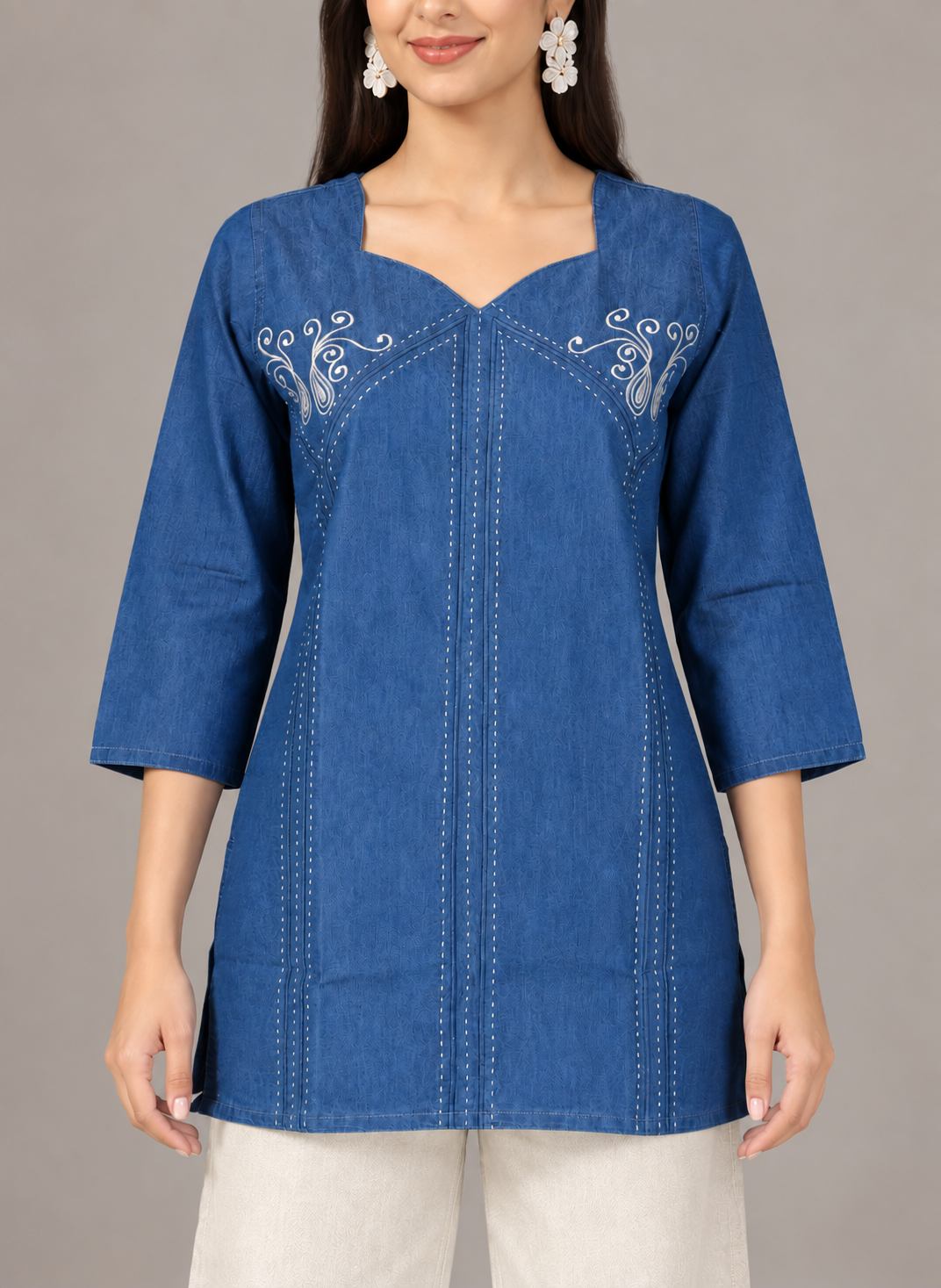 Denim Butta Embroidered Square V Neck Short Kurti - Havva Fashion - Image 5