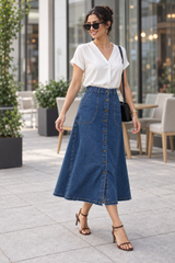 Denim Solid Zeera Wash Button Front Below Knee Skirt - Havva Fashion - Image 2
