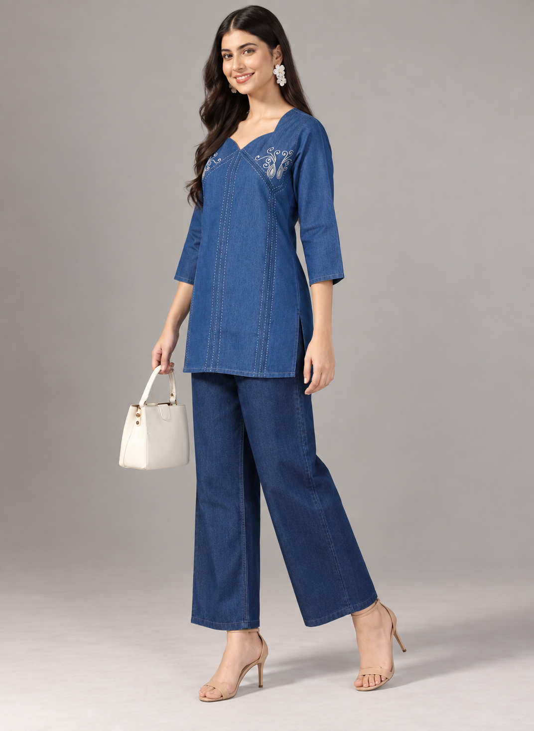 Denim Butta Embroidered Square V Neck Short Kurti - Havva Fashion - Image 3