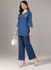 Denim Butta Embroidered Square V Neck Short Kurti - Havva Fashion - Image 3