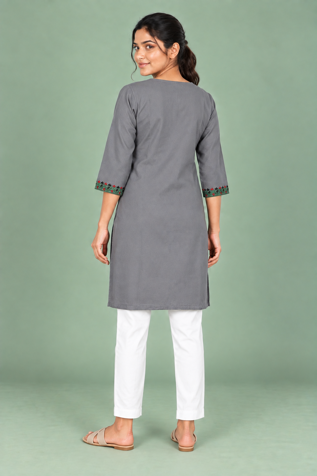 Grey Denim Multi Green Embroidered Split Round Neck Knee Length Kurti - Havva Fashion - Image 2