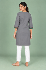 Grey Denim Multi Green Embroidered Split Round Neck Knee Length Kurti - Havva Fashion - Image 2