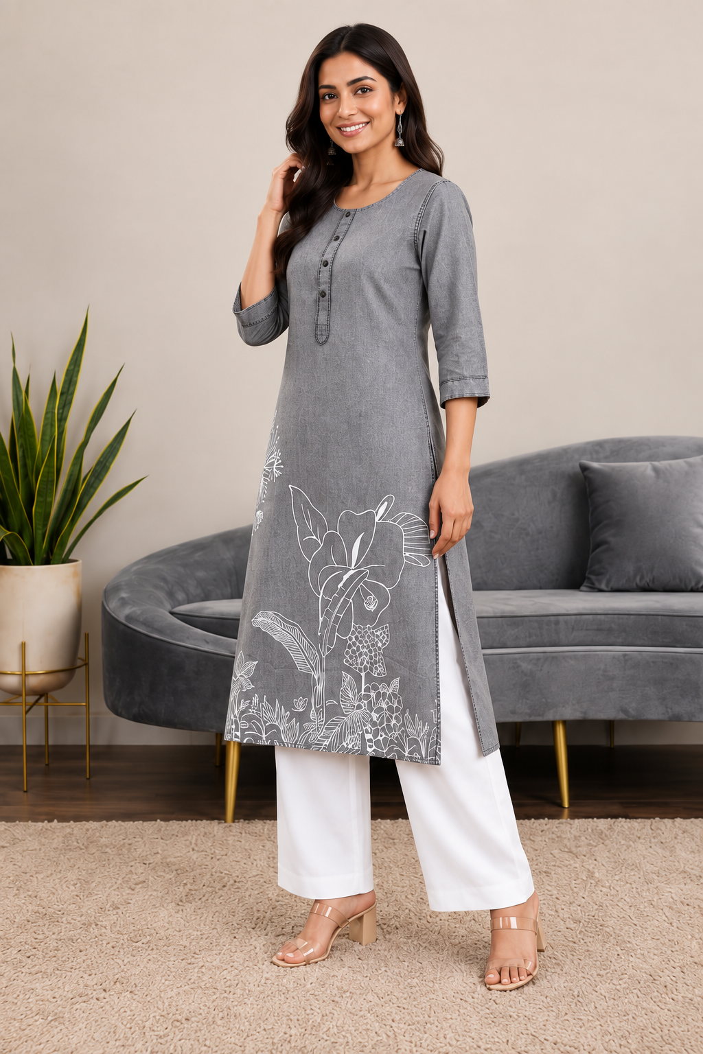 Grey Denim Ball Blast Wash Floral Printed Kurta - Havva Fashion - Image 3