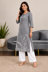 Grey Denim Ball Blast Wash Floral Printed Kurta - Havva Fashion - Image 3