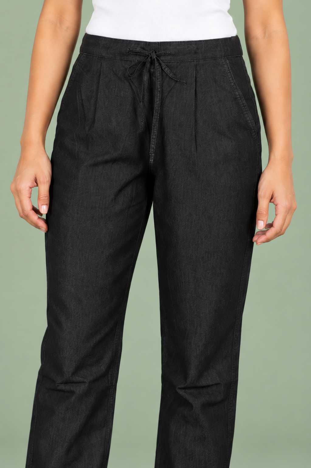Black Denim Solid Drawstring Pant - Havva Fashion - Image 5