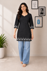 Black Denim Cutwork Embroidered V Neck Knee Length Kurti - Havva Fashion - Image 1