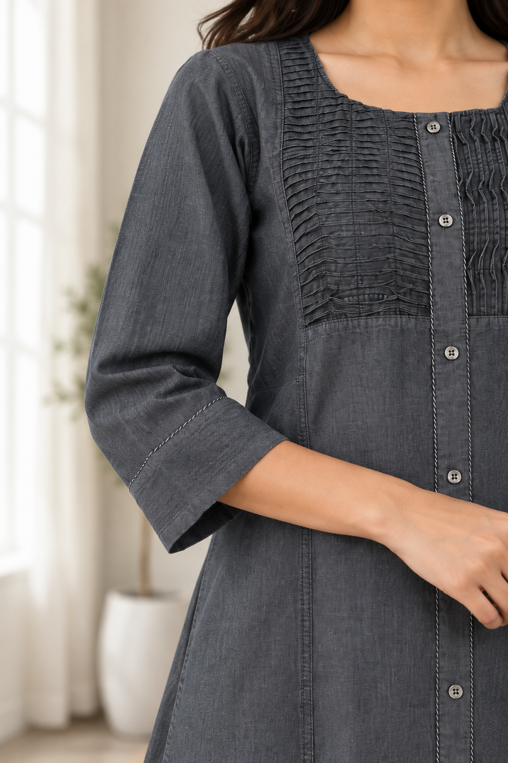 Grey Denim Pintuck Tabla Solid A Line Dress - Havva Fashion - Image 6