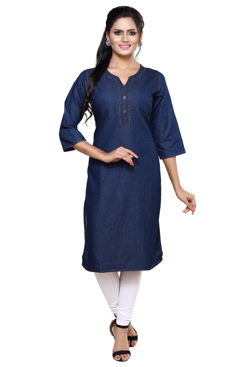 A woman modeling a dark navy blue cotton kurta with three-quarter sleeves, a split neckline, and a buttoned placket, paired with white leggings and black sandals against a plain white background.
