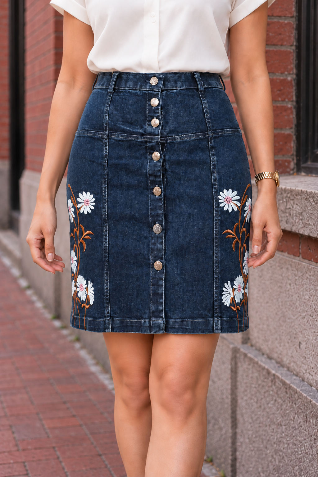 Denim Floral Embroidered Button Front Above Knee Skirt - Havva Fashion - Image 1