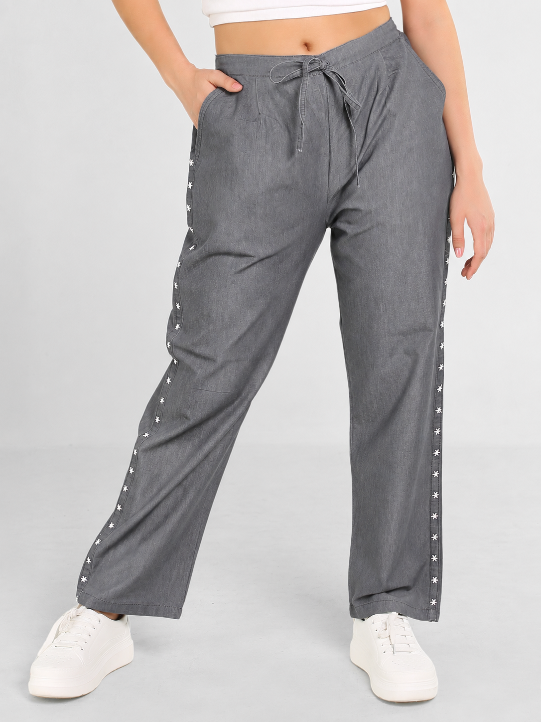 Grey Denim White Star Embroidered Drawstring Pant - Havva Fashion - Image 1