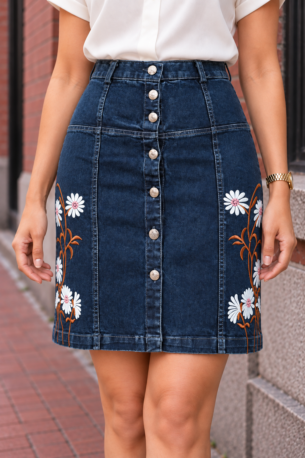 Denim Floral Embroidered Button Front Above Knee Skirt - Havva Fashion - Image 5
