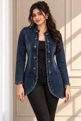 Denim Lycra Frayed Edge Blazer Style Shrug Jacket - Havva Fashion - Image 4